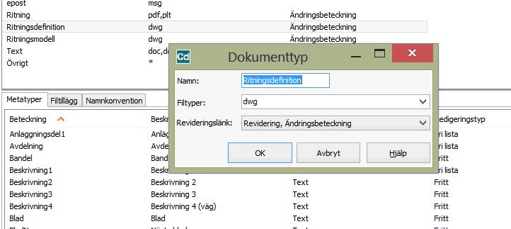 Projektkonfiguration Skapa en dokumenttyp För att skapa en dokumenttyp klickar du på Ny. Ange dokumenttypens namn. Ange dokumenttypens filtyper, t ex "dwg". Ange historiklänk.