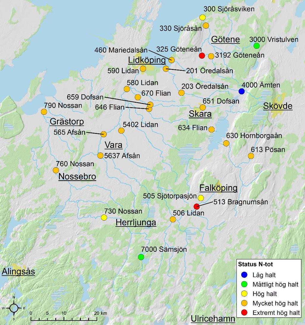 Medins Havs- och Vattenkonsulter AB Figur 7. Tillståndsklassning av totalkvävehalter baserat på 2017 års medelvärden vid stationerna i Vänerns sydöstra tillflöden.