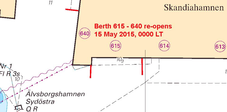 2015-05-14 8 Nr 546 Kajerna 615 och 640 och vattenområdet utanför kajerna öppnas åter för trafik från angiven tid.