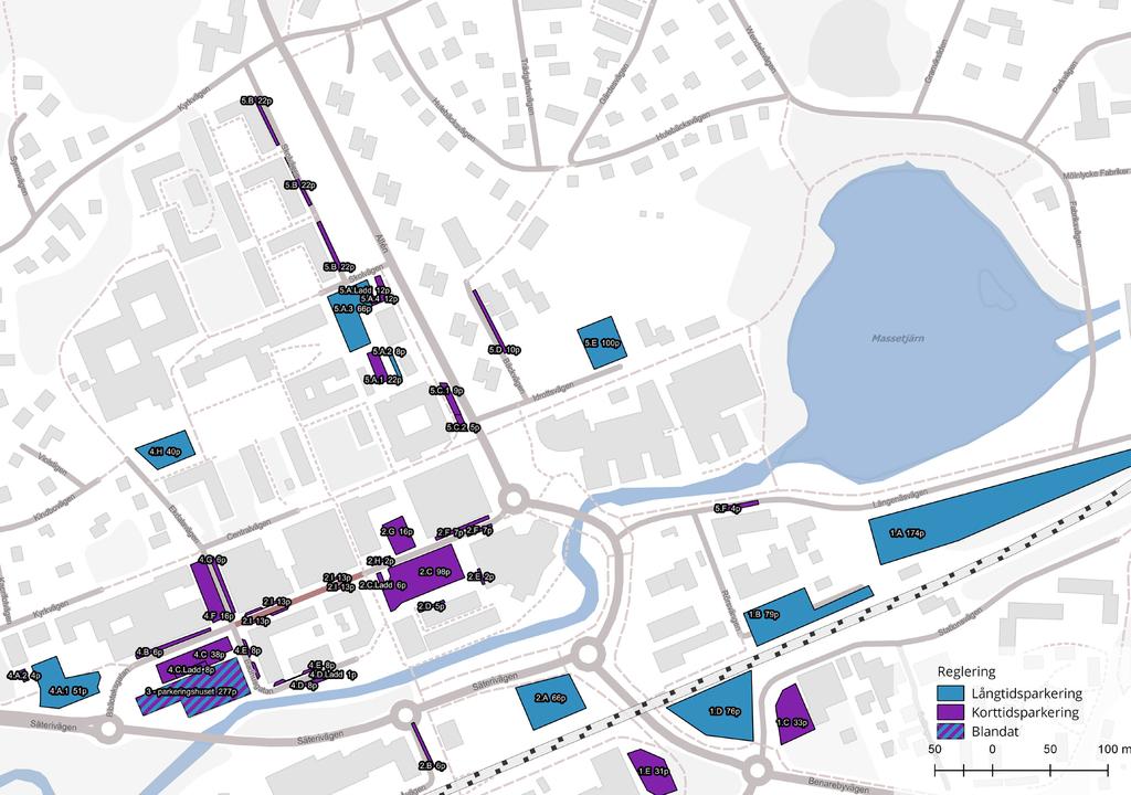 Karta 3. Parkeringsytor som ingick i parkeringsinventeringen samt antalet parkeringsplatser per parkeringsyta.