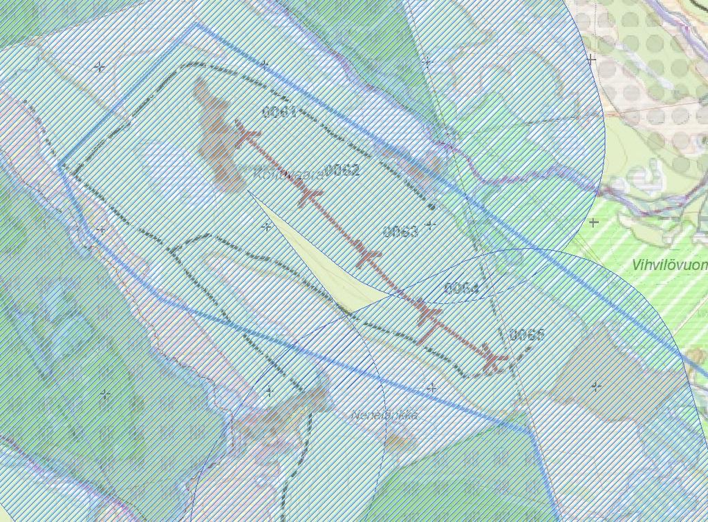 Bilaga 4 Karta som visar hur föreslagen placering av verken ligger i buffertzon på 1 km Figur 5 Buffertområde på 1 km:s radie från naturreservaten samt tänkt placering vindkraftverk Säkerhetsavstånd