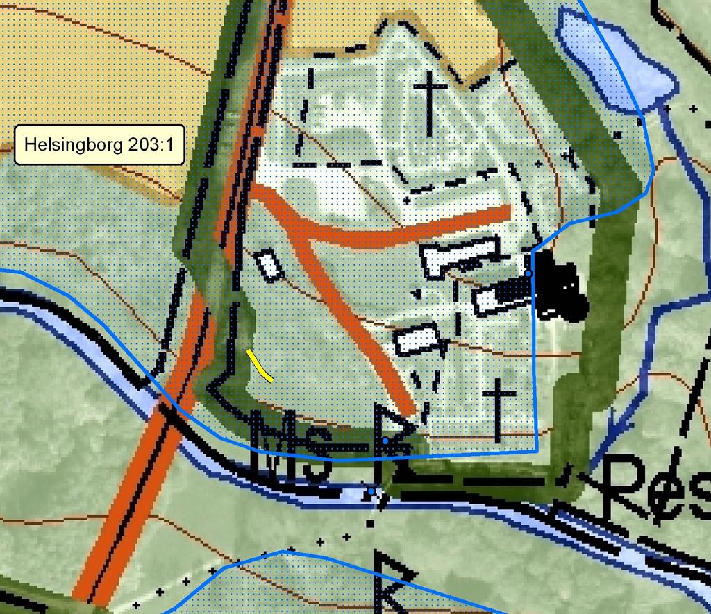 Fig. 3. Kartan visar det övervakade schaktet på utdrag ur Fastighetskartan 62D 0gN Raus. Skala 1:2 000. Det övervakade schaktet mättes in med GPS och arbetet fotodokumenterades.