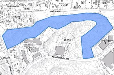 BOTKYRKA KOMMUN 9[24] Samhällsbyggnadsförvaltningen 2016-03-21 Dnr sbf/2014:552 Bild 4: Blå färg markerar det område som bör avsättas som naturmark enligt utförd naturvärdesavgränsning.