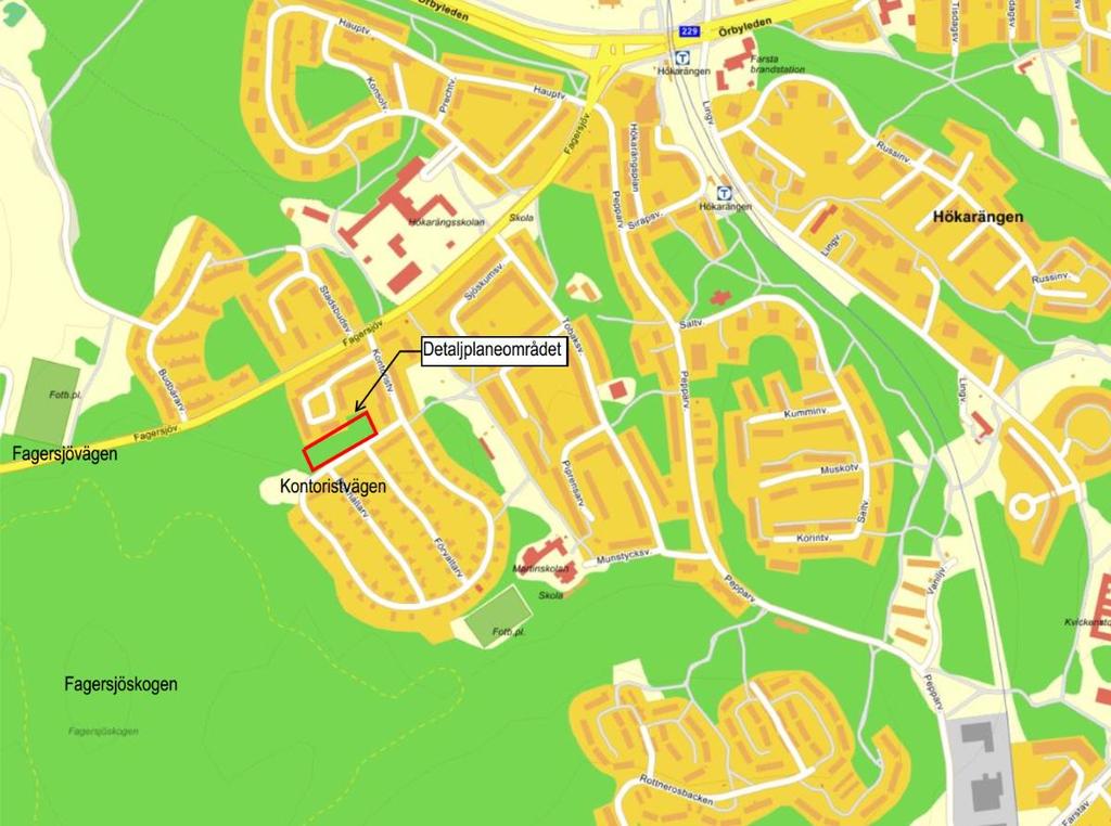 Orientering Detaljplaneområdet utgörs av två radhuslängor, med sju respektive fem radhus, som planeras norr om Kontoristvägen i Hökarängen.