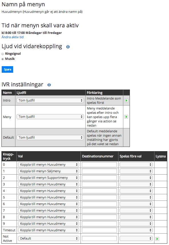 Vi har i ljudbiblioteket skapat ljudfilerna, Intro företag, Huvudmeny, Säljmeny, Supportmeny och Öppettider.