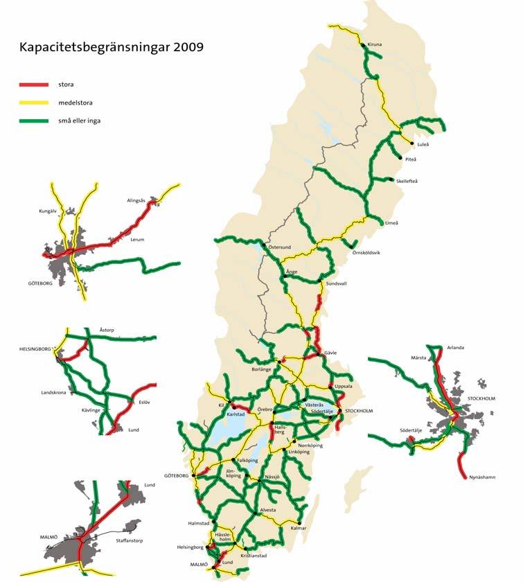 Kapacitetsbegränsningar 2009 Stora och medelstora kapacitetsbegränsningar på stora delar av järnvägsnätet Överbelastad infrastruktur: