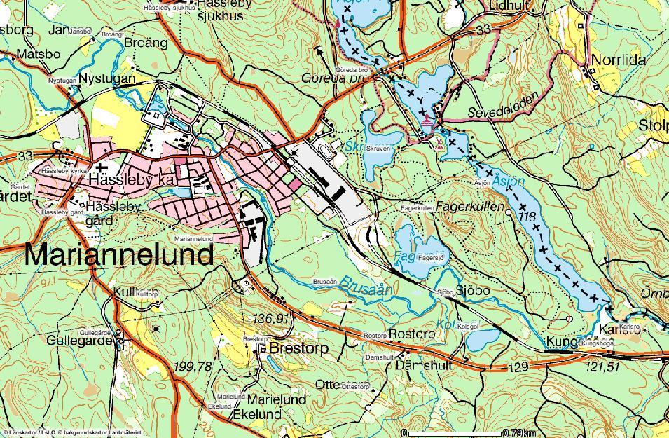 Lokal 7; Brusaån nedströms reningsverket Figur 19. Karta över elfiskelokalen i Brusaån och dess omgivningar. Källa: www.gis.lst.se.