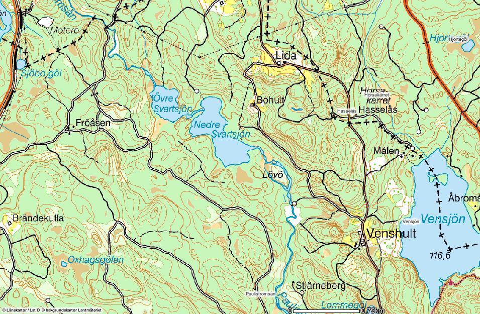 Lokal 8; Pauliströmsån Väster om Venshult Figur 22. Karta på lokalen Pauliströmsån Väster om Venshult (röd markering) och dess omgivningar. Källa: www.gis.lst.se.