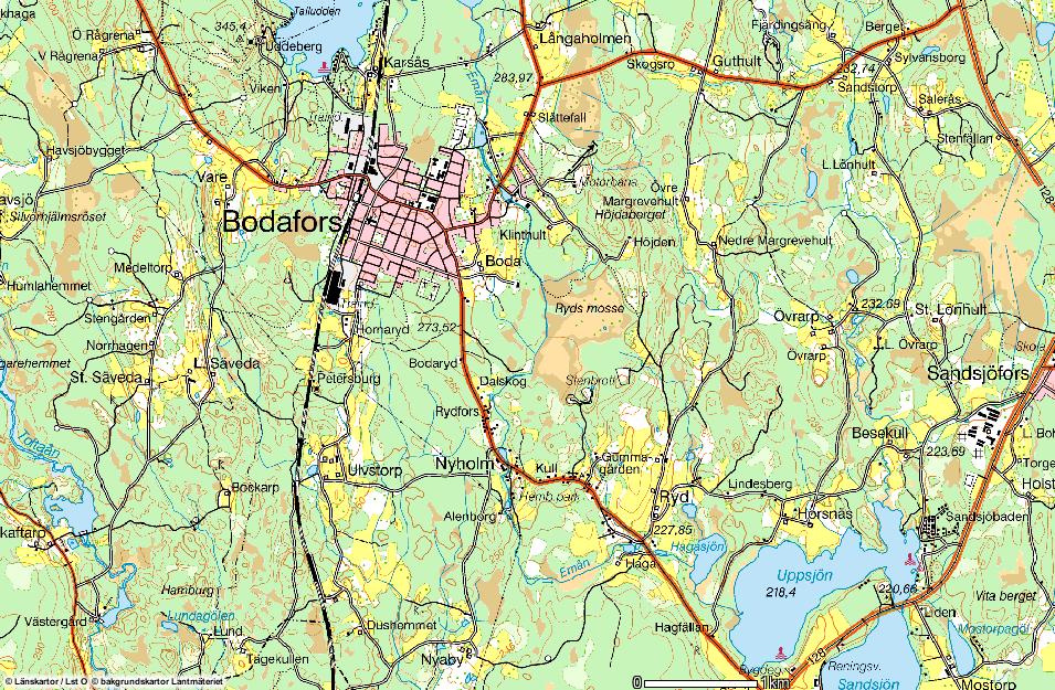 Lokal 1; Emån Bodafors 11-12 Figur 2. översiktskarta på området kring lokal 1 Emån Bodafors 11-12. Källa: www.gis.lst.se.