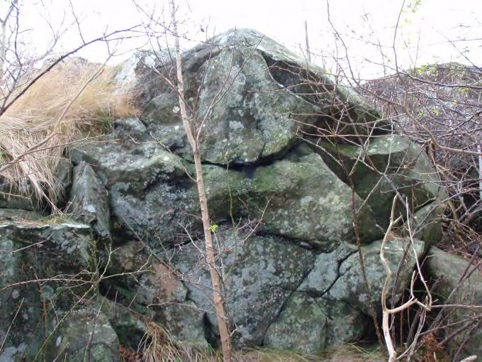 13 (14) Foto 25. Löst block i naturlig bergslänt intill planerade hus och väg i område 18. Området bedöms stabilt och ej i behov av förstärkande åtgärder i dagsläget.