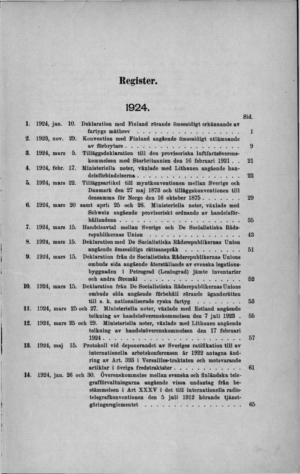 Register. 1924. Sid. 1. 1924, jan. 10. Deklaration med Finland rörande ömsesidigt erkännande av fartygs m ätbrev... 1 2. 1923, nov. 29.