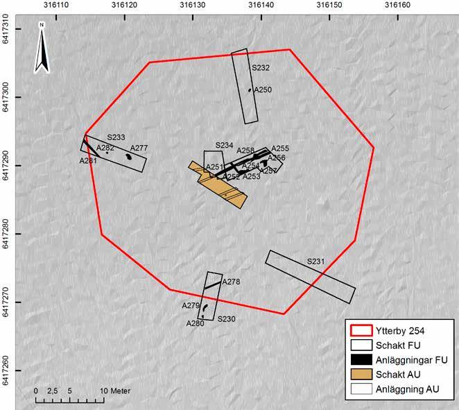 Avgränsningar i Nordtag 9 Figur 5. Plankarta över Ytterby 254 med grävda schakt och påträffade anläggningar. Skala 1 :400.