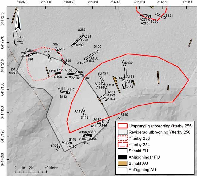 12 Bohusläns museum Rapport 2017:23 Figur 8. Plankarta över Ytterby 256 med grävda schakt och påträffade anläggningar. Skala 1 :1 500.