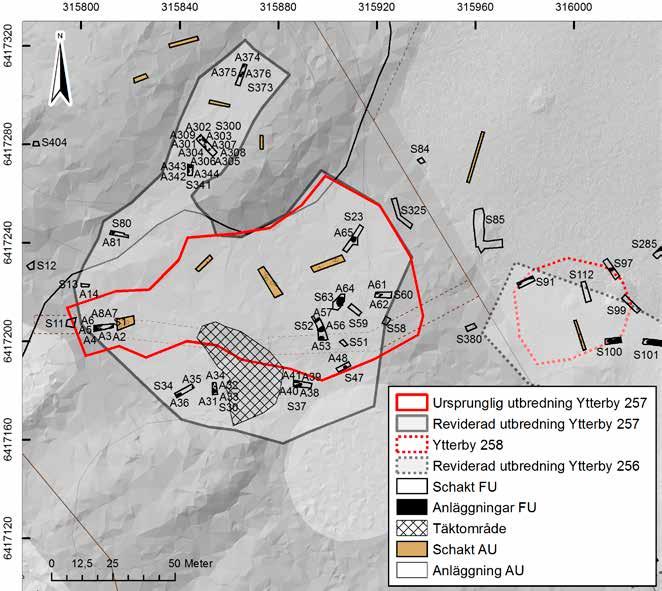 Avgränsningar i Nordtag 13 Figur 9. Plankarta över Ytterby 257 med grävda schakt och påträffade anläggningar. Skala 1 :1 600.