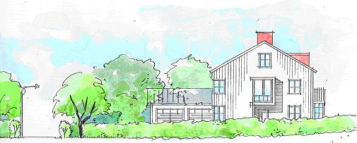 På ängarnas västra sida rekommenderas träfasader huvudsakligen i ljus färgsättning. (Brunnberg & Forshed Arkitektkontor AB) Hus med träfasadeer.