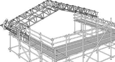 Installera horisontalstag mellan takstolarnas undre sida mellan fackverkets vertikala och diagonala stag med början vid ändarna,