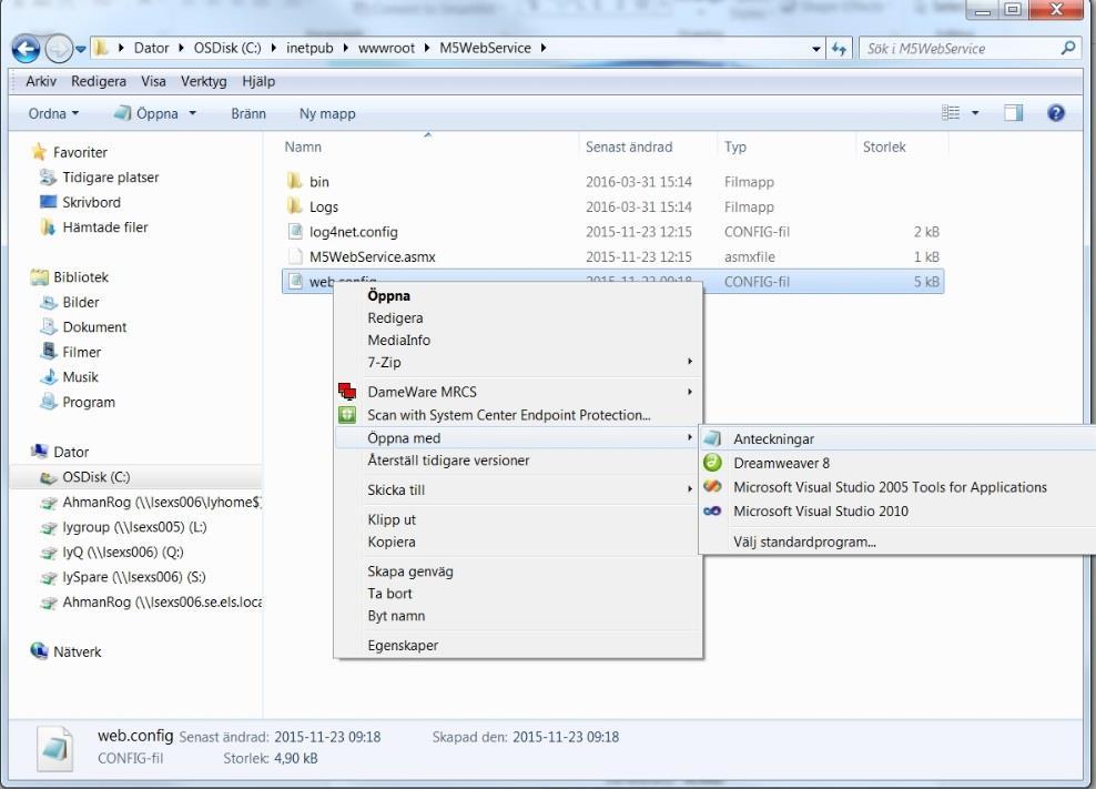 Inställningar i Web.config 3/7 Web.config ligger under C:\inetpub\wwwroot\M5WebService.