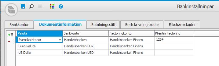 I nedanstående exempel har företaget flera olika valutakonton hos banken, därför anges eget bankkonto och factoringkonto för varje valuta.