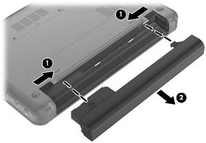 2. Rikta in flikarna på batteriet mot skårorna i datorn och tryck sedan in batteriet på batteriplatsen. Batteriets frikopplingsmekanismer låser automatiskt batteriet på plats.