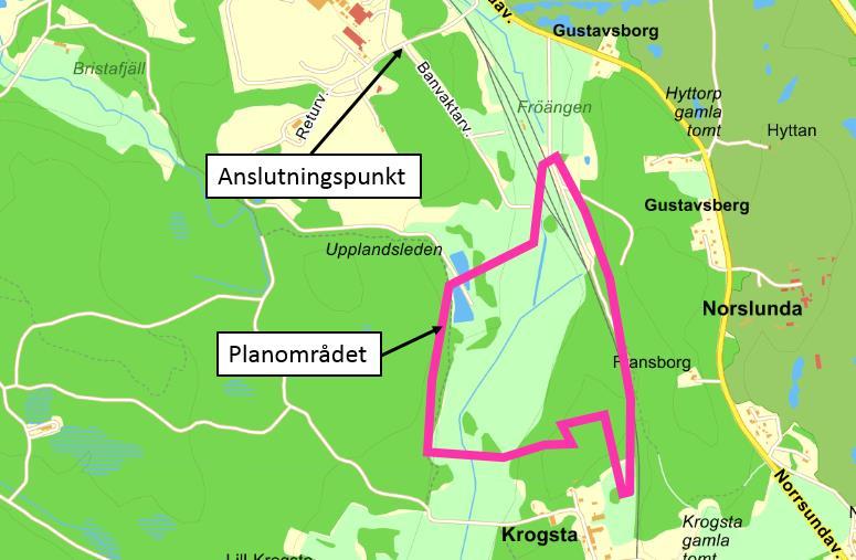 3.1.2 Anslutningspunkt och föreslaget system Anslutningspunkten är angiven från kommunen och ligger ca 1000 meter norr om planområdet i korsningen mellan Banvaktarvägen och Returvägen.