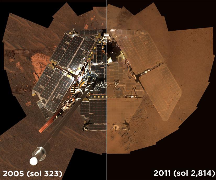 Mars Spirit Rover Hur länge dröjer det innan artificiella föremål på månen eller Mars täcks av damm/sand?