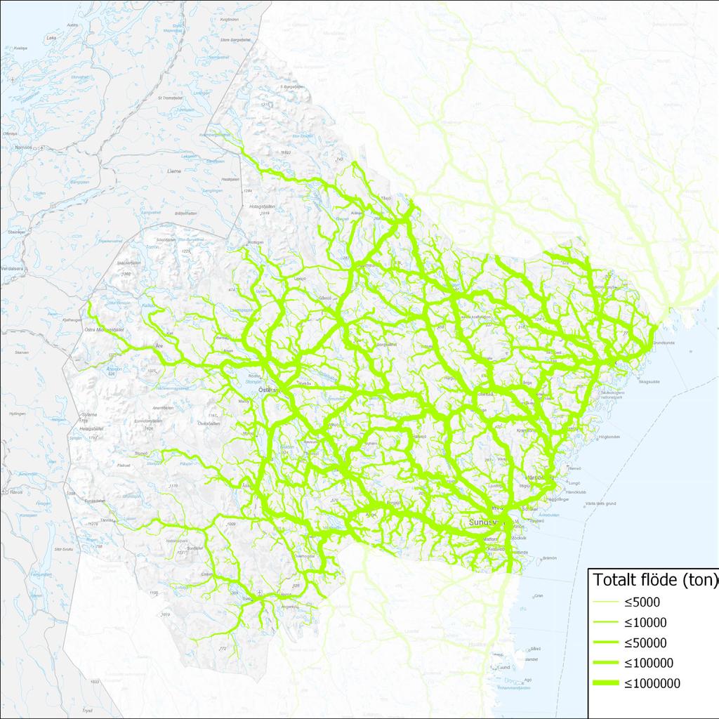Figur 2. Skogsbrukets transporter av timmer, massaved, primärt skogsbränsle och cellulosaflis under 2016. Vägens bredd visar hur stort flödet är i ton.