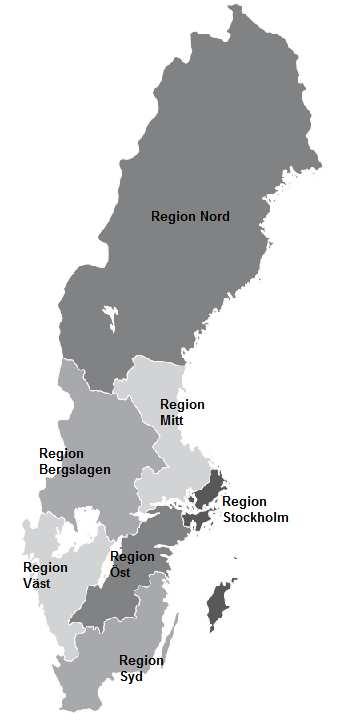 Region Län Befolkningsmängd 218 Region Nord Jämtland Norrbotten Västerbotten Västernorrland 896 Region Mitt Gävleborg Uppsala Västmanland 926 Region Stockholm Stockholm Gotland 2 37 Region Öst