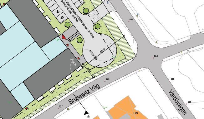 Figur 18. Angöring på kvartersmark för åtkomst till soprum/återvinningsrum. GESTALTNING KVARTERSMARK Gestaltning är en viktig del i att få den nya bebyggelsen att harmoniera med befintlig struktur.