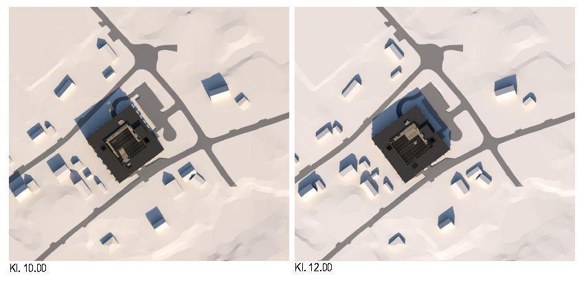 Figur 22. Solstudie för Vår/Höstdagjämning kl 10:00-16:00, framtagen av Liljewalls arkitekter på uppdrag av Bovieran AB 2018-04-09.