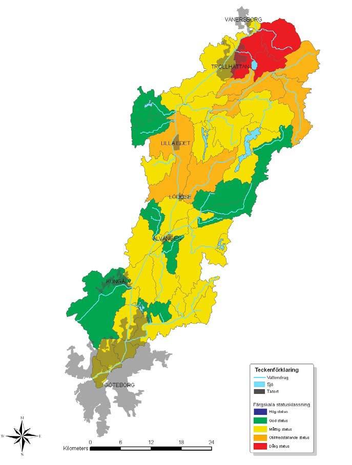 Ekologisk status i Göta älv och dess avrinningsområde. Inom varje färgat område finns en vattenförekomst som statusklassats.