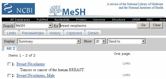 Sökning med MeSH-termer via MeSH-database MeSH Database fungerar som en ordlista där man söker fram sina sökord som MeSH-termer.