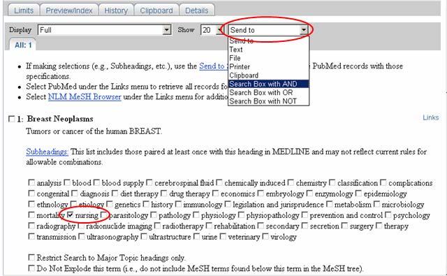 Klicka på knappen Search PubMed. Du har nu gjort en sökning i databasen på Breast neoplasms/nursing som en MeSH-term.