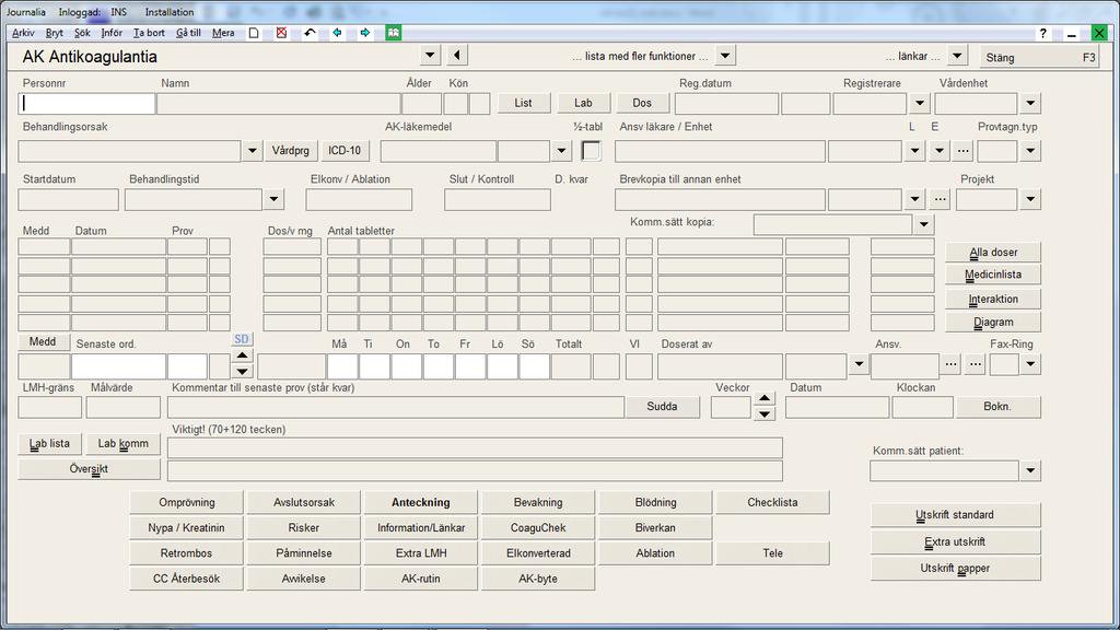 NY PATIENT Beskrivningen förutsätter att du förflyttar markören med ENTER eller TAB. 1. När AK startar står markören redan i personnummerfältet. Ange patientens personnummer och tryck ENTER. 2.