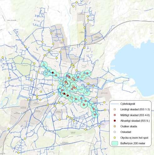 17 Totalt innefattar dessa två hotspots 56 stycken olyckor, motsvarande 52 procent av singelolyckorna med cykel som skett på cykelinfrastruktur.