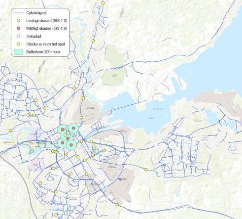 22 Totalt innefattar hotspoten åtta stycken olyckor, motsvarande 22 procent av singelolyckorna med cykel som skett på cykelinfrastruktur.