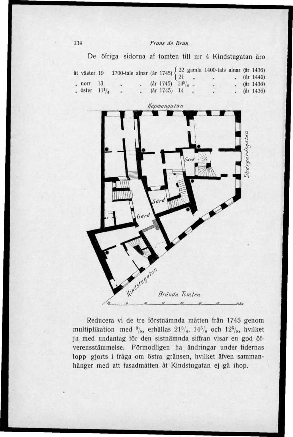 134 Frans de Brun. De öfriga sidorna af tomten till n:r 4 Kindstugatan äro JU * * in,,nn» i i s i-r,.c'v(22 gamla 1400-tals alnar (år 1436) åt väster 19 1700-tals alnar (år 1745) {.