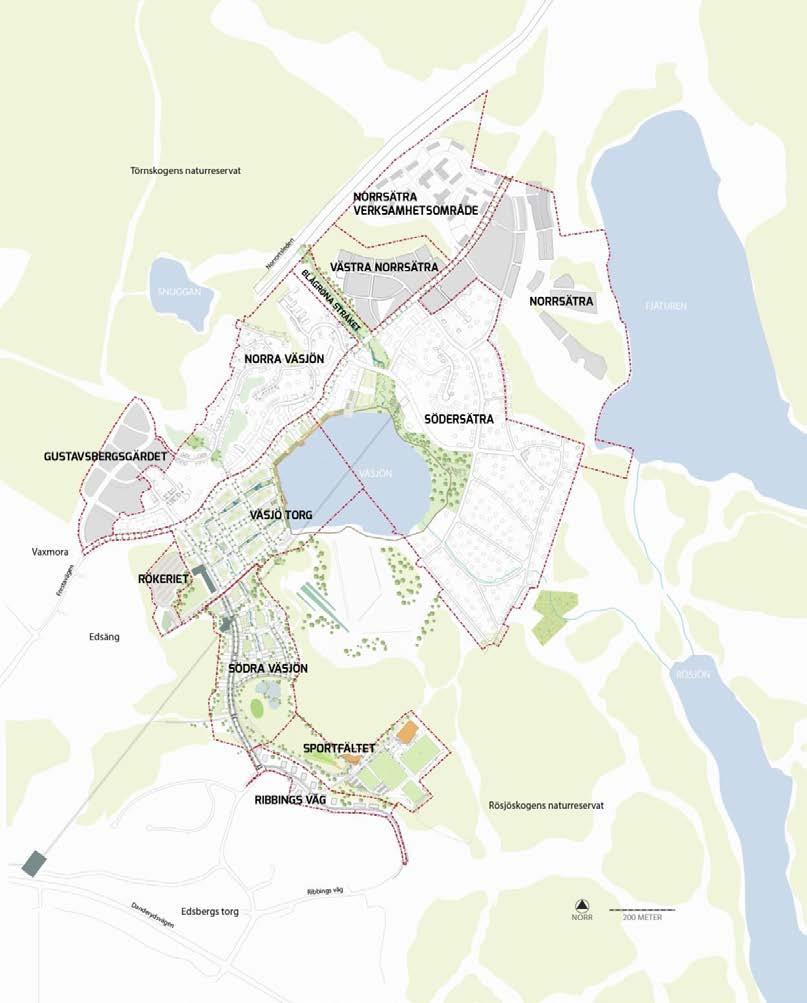 10 (25) 3.2 Geografiska gränser och delområden År 2005 togs ett övergripande program fram för hela Väsjöområdet. Programarbetet följdes sedan av två plansamråd.