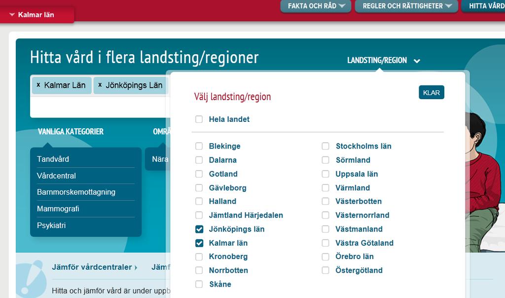 Figur 17 Klickar man på Landsting/Region får man upp flera val att bocka i med alternativ som ett eller flera landsting samt Hela Sverige. 10.9.