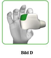 D). 1.4 Tryck ned den gröna knappen helt för att ladda din dos (bild E).