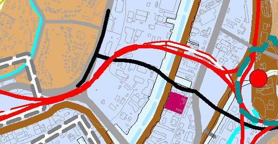 Utdrag ur översiktsplanens karta över användning av mark- och vattenområden. Marieholmsförbindelsen samt en ny Marieholmsbro finns som markreservat för kommunikation (svart och röd linje).