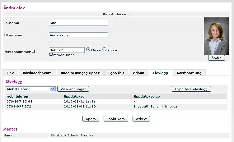 Elevlgg Under fliken Elevlgg kan du spåra ändringar sm är gjrda på en elevs uppgifter. 1.