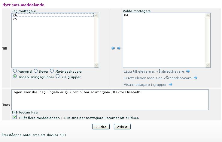 Varje sms kan innehålla 160 tecken. Man kan skicka upp till 6 sms i varje meddelande (160 * 6 = 924 tecken).