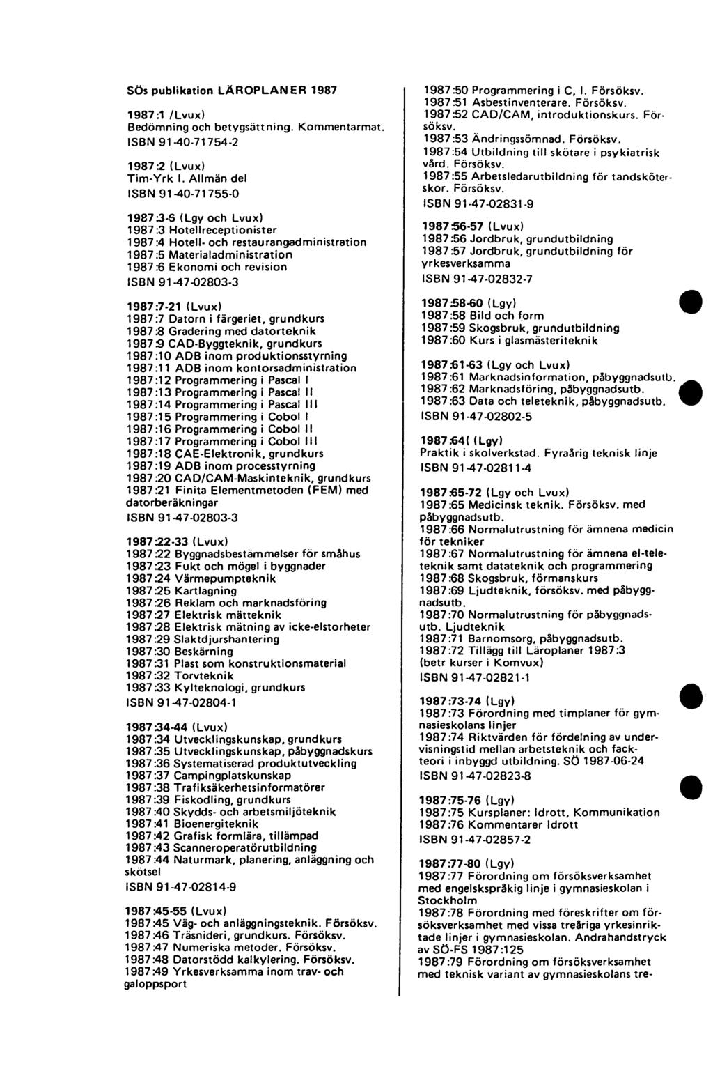 SÖs publikation LÄROPLANER 1987 1987:1 /Lvux) Bedömning och betygsättning. Kommentarmat. ISBN 91-40-71754-2 1987-2. (Lvux) Tim-Yrk I.