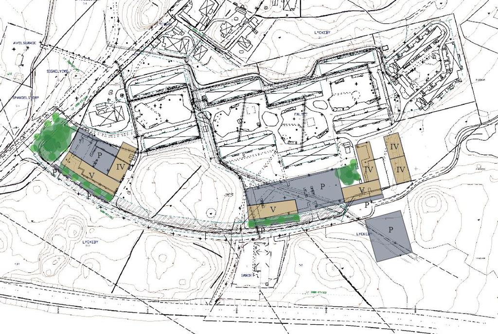 Kartan visar föreslagen exploatering inom planområdet där de beigea huskropparna är ny bebyggelse och de romerska siffrorna visar våningsantalet. Grå områden visar parkeringsytor.
