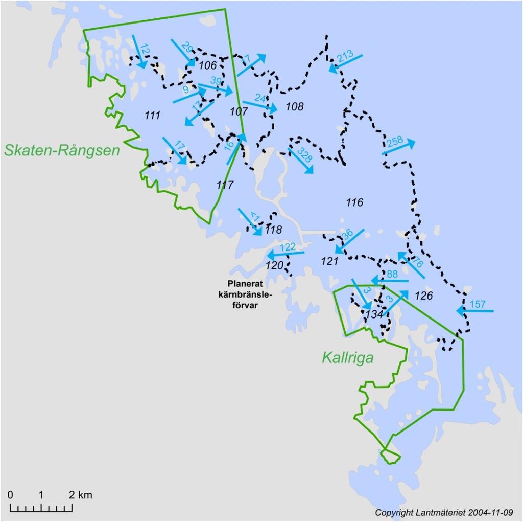 Öppen 2.0 Godkänt 11 (47) Figur 3-4. Strömningsförhållanden mellan delbassänger kring det planerade slutförvaret för använt kärnbränsle i Forsmark.