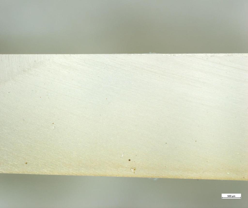 Figur 15. Bild på tvärsnittet från det UV-exponerade snörasskyddet. Här syns den gula missfärgningen av materialet på den exponerade sidan av skyddet (nederst i bild).
