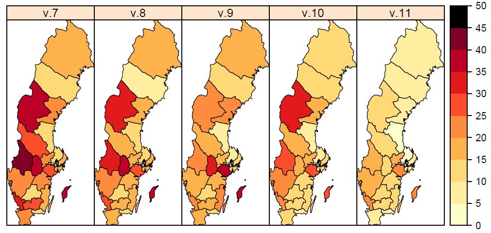 Figur 2. Antal laboratorieverifierade influensafall (alla typer) per län och 100 000 invånare.