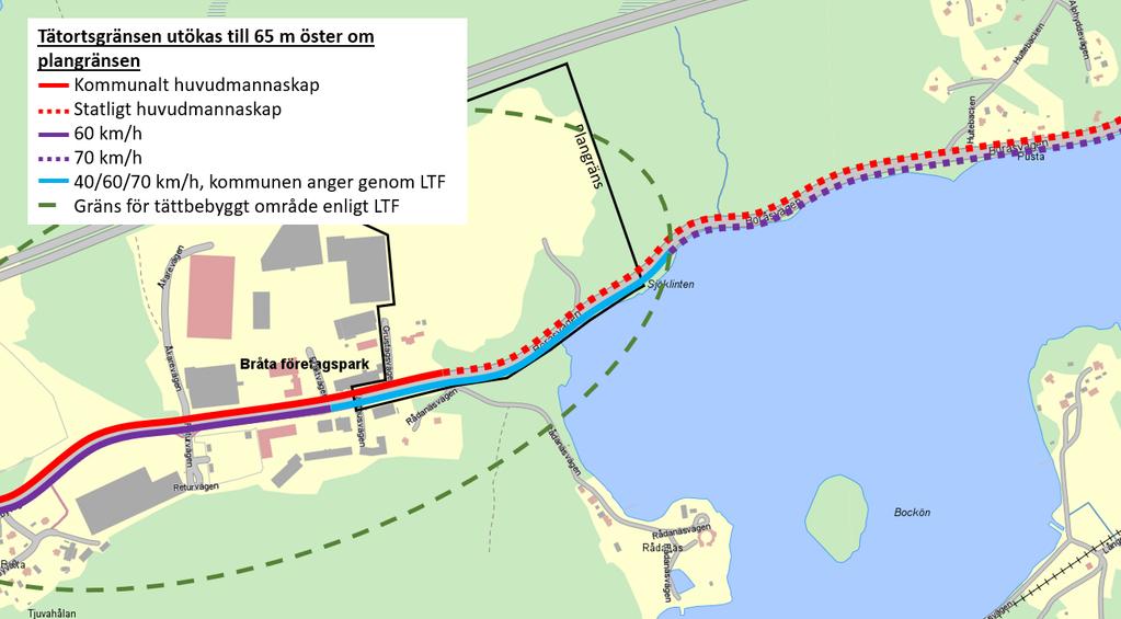 Figur 8 Ett scenario där gränsen för tättbebyggt område utökats till att omfatta planområdet.