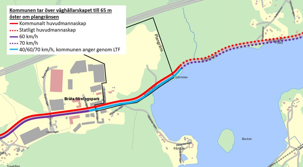 Figur 9 Scenariot där kommunen tagit över väghållarskapet förbi planområdet. Ett övertagande av väghållningsansvaret initieras av kommunen och en begäran tillsänds Trafikverket.