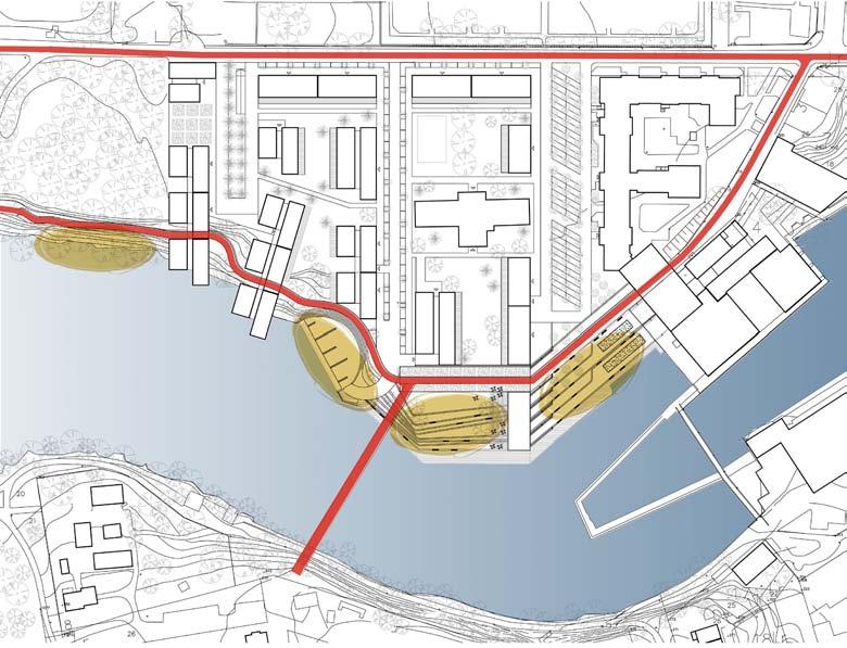 Cyklister och fotgängare leds från stadens centrala kvarter ut mot grönområderna uppströms